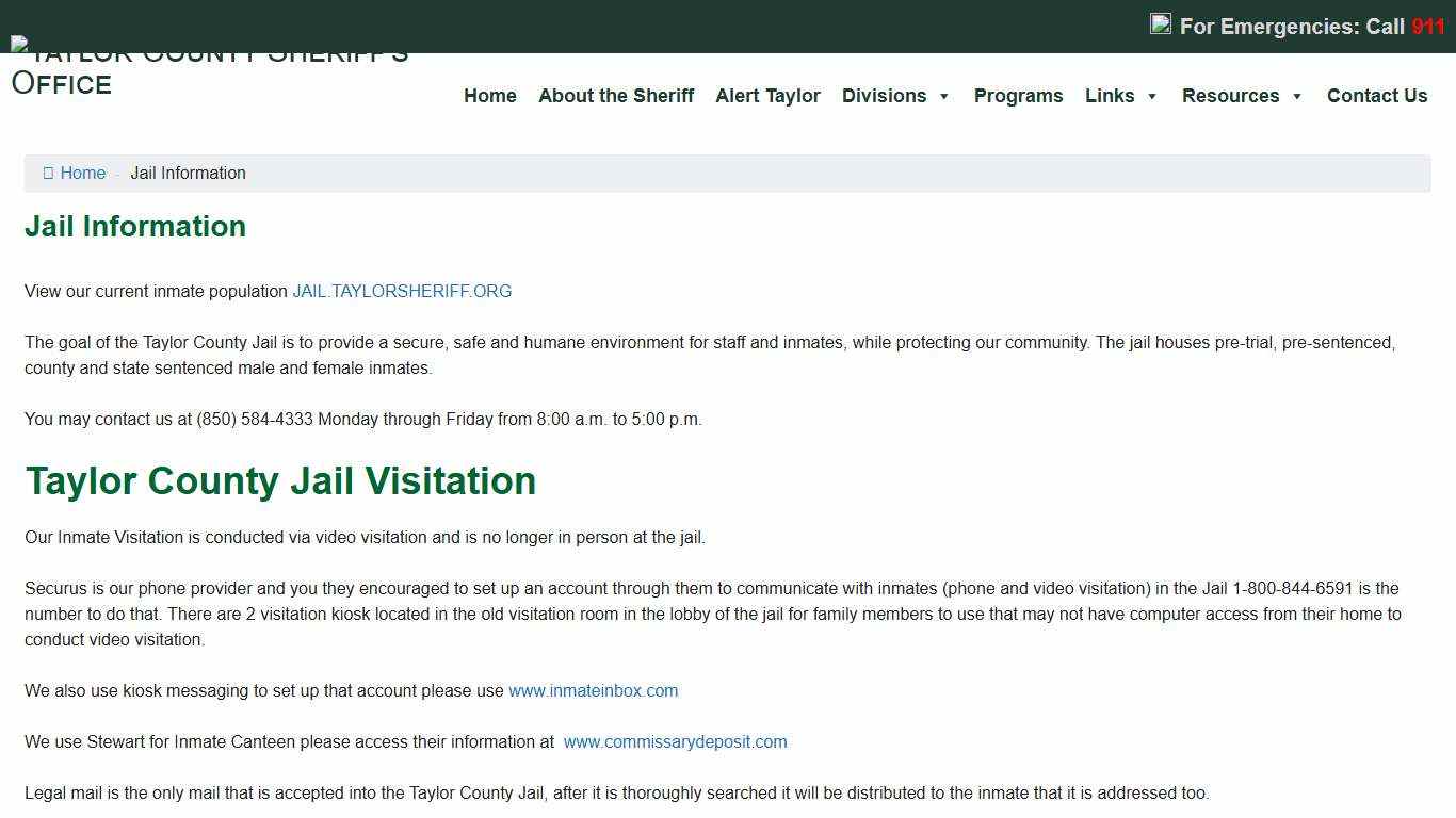 Jail Information – Taylor County Sheriff's Office